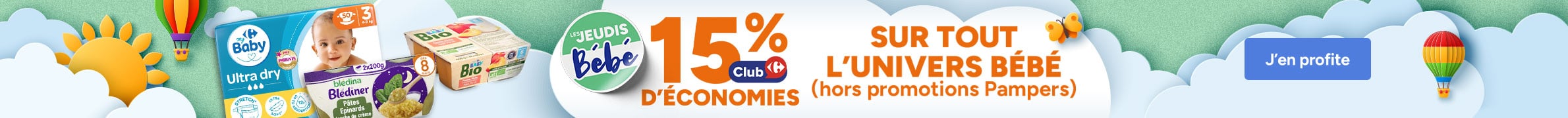 Les Jeudis Bébé : 15% d'économies Club sur tout l'univers bébé.