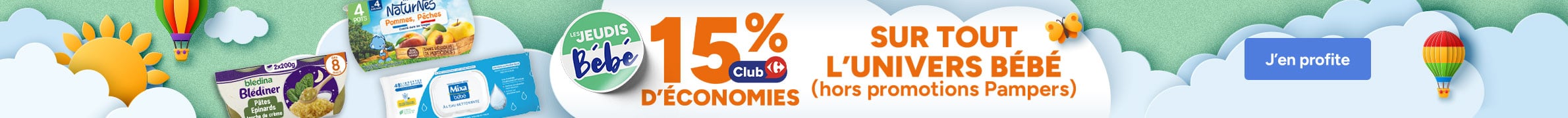 Les Jeudis Bébé : 15% d'économies Club sur tout l'univers bébé.