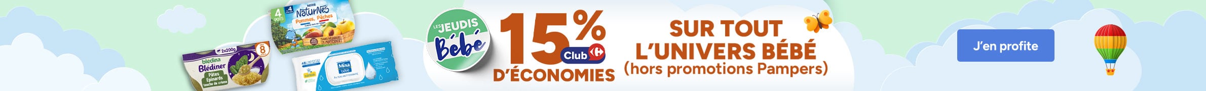 Les Jeudis Bébé : 15% d'économies Club sur tout l'univers bébé. J'en profite