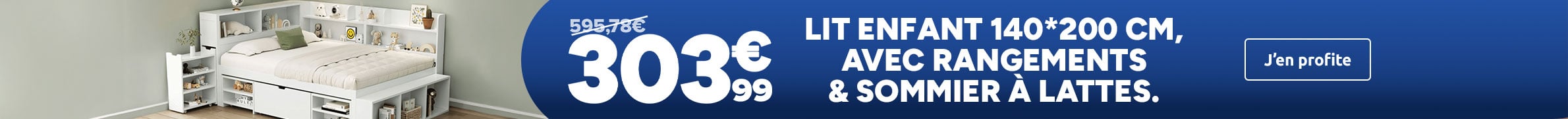 Lit enfant avec rangements et sommier à lattes à 303,99€ au lieu de 595,78€.