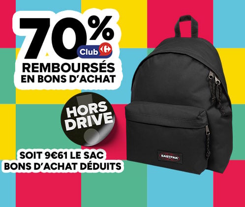 70% remboursés en bons d'achat hors drive sur le sac Eastpak soit 9€61.