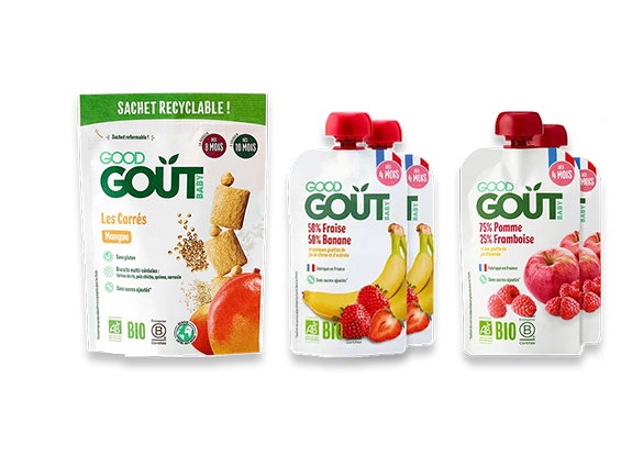 Produits bio pour bébé Good Goût : biscuits mangue et gourdes de fruits.