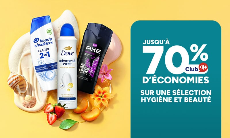 Jusqu'à 70% d'économies Club sur une sélection Hygiène et Beauté.