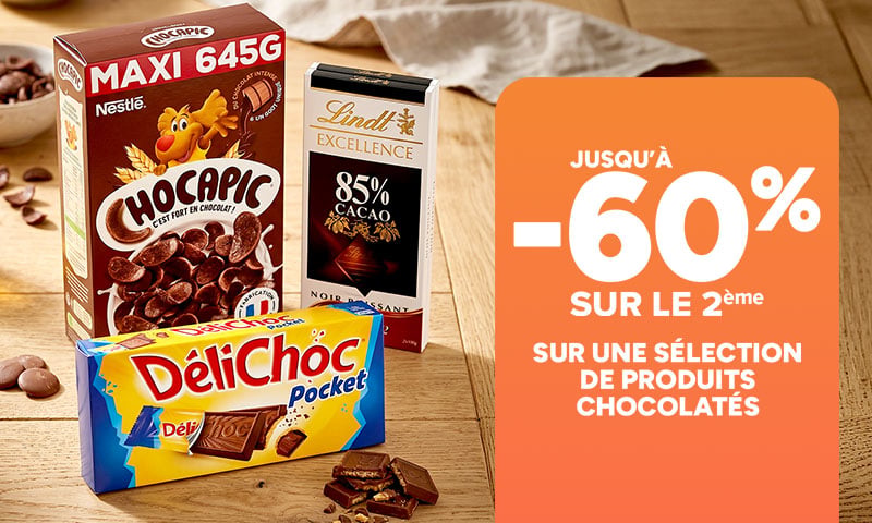 Jusqu'à -60% sur le 2ème sur une sélection de produits chocolatés.