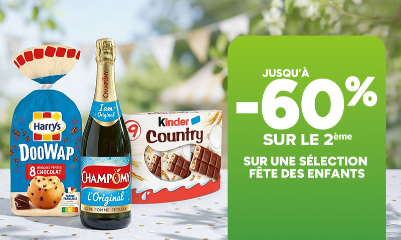 Jusqu'à -60% sur le 2ème sur une sélection fête des enfants.