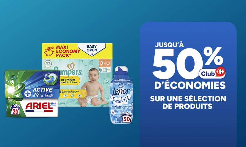 Jusqu'à 50% d'économies Club Carrefour sur une sélection de produits Essentiels.