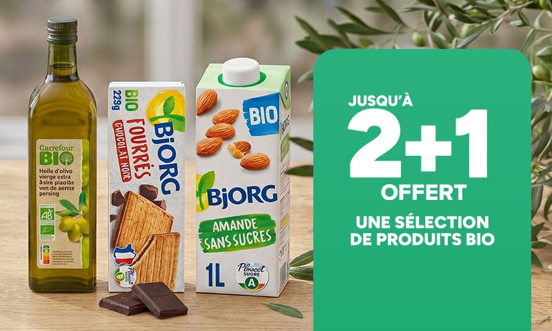 Jusqu'à 2+1 offert sur une sélection de produits Bio Carrefour.