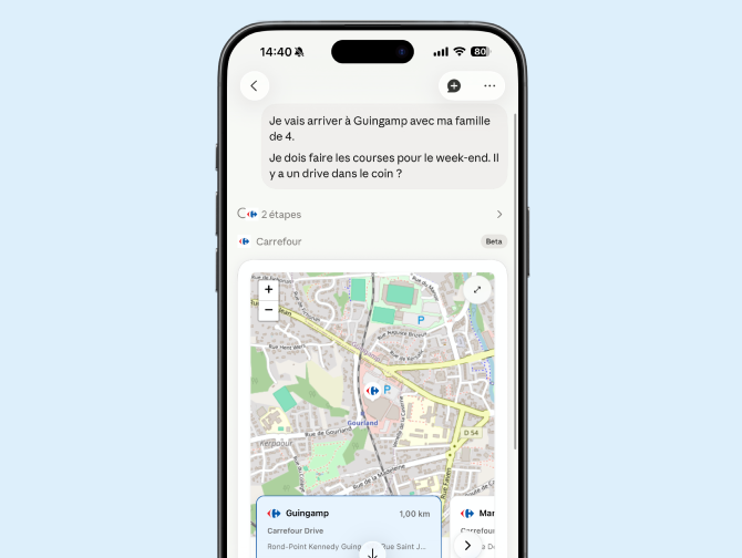 Interface de l'assistant Hopla de Carrefour recherchant un Drive à Guingamp.