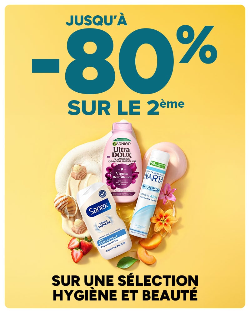Jusqu'à -80% sur le 2ème sur une sélection hygiène et beauté.