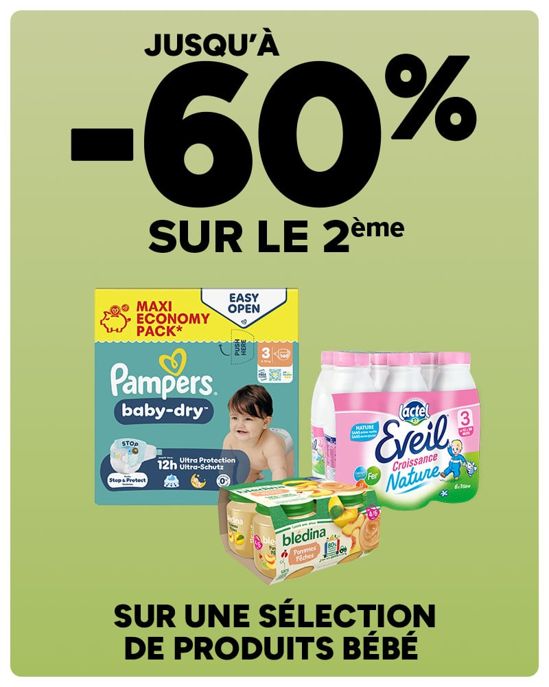 Jusqu'à -60% sur le 2ème sur une sélection de produits bébé.