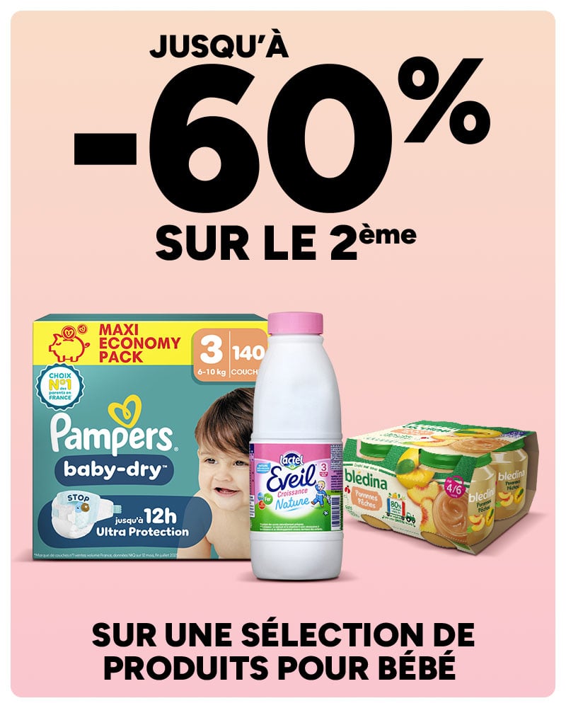 Jusqu'à -60% sur le 2ème sur une sélection de produits pour bébé.