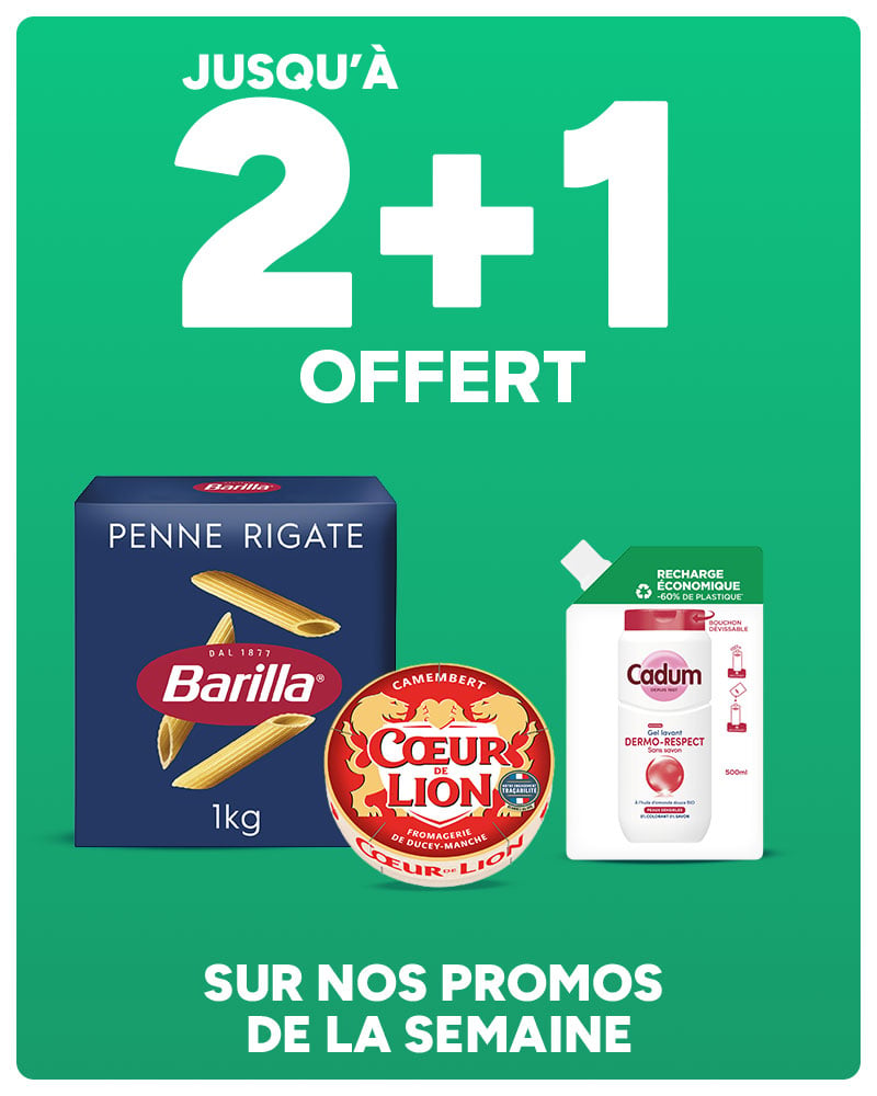 Jusqu'à 2+1 offert sur nos promos de la semaine.