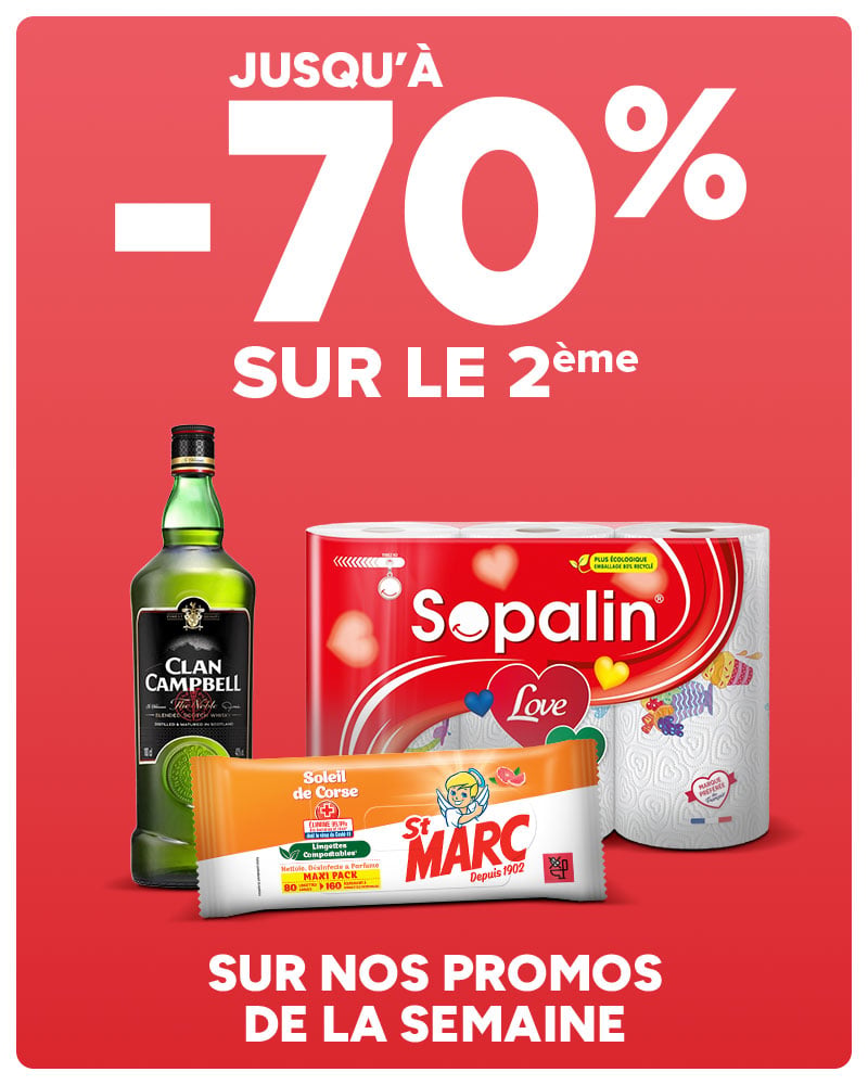 Jusqu'à -70% sur le 2ème sur nos promos de la semaine.