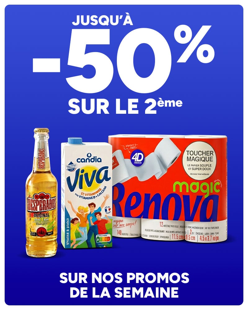 Jusqu'à -50% sur le 2ème sur nos promos de la semaine.