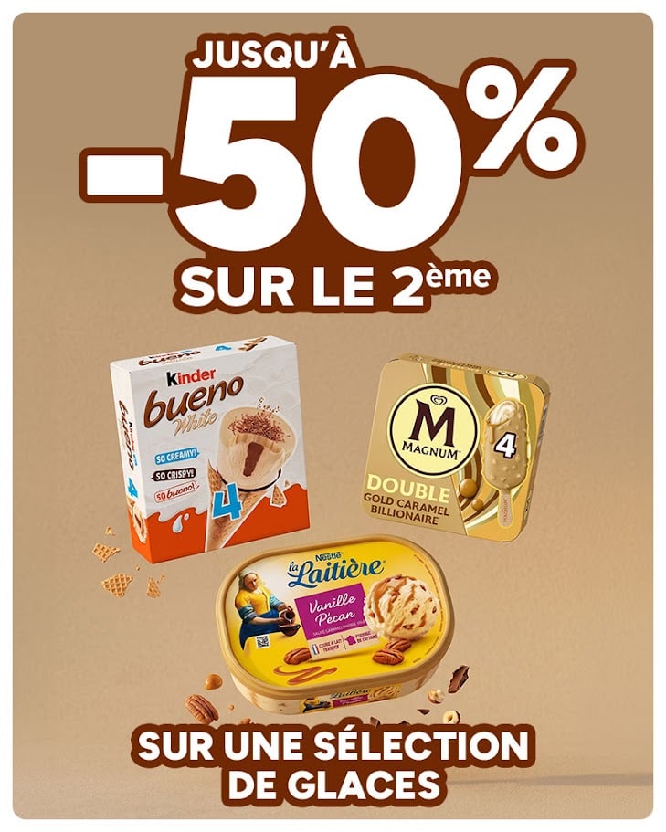 Glaces : jusqu'à -50% sur le 2ème sur une sélection de glaces.