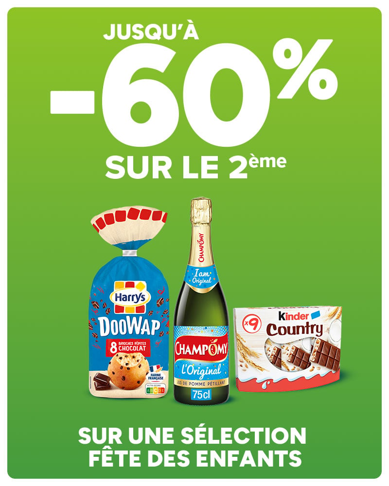 Jusqu'à -60% sur le 2ème sur une sélection fête des enfants.