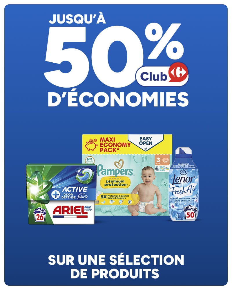 Jusqu'à 50% d'économies Club Carrefour sur une sélection de produits.
