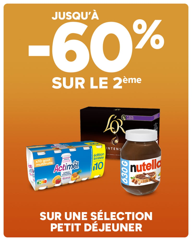 Jusqu'à -60% sur le 2ème sur une sélection Petit Déjeuner