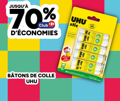 Jusqu'à 70% d'économies Club Carrefour sur les bâtons de colle UHU.