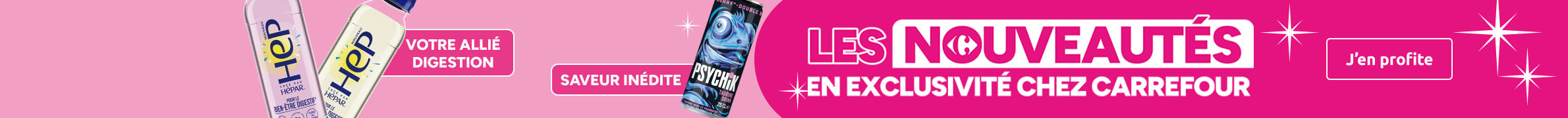Nouveautés boissons Carrefour : Hep digestion et Psychik, J'en profite