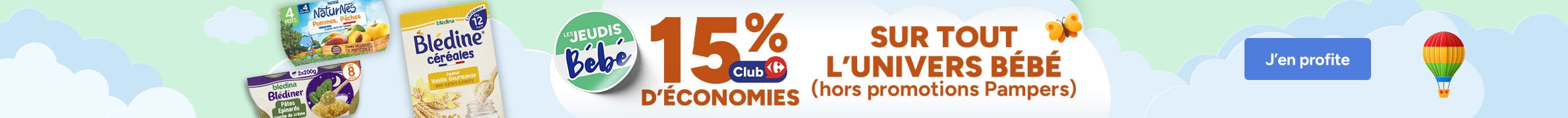 Les Jeudis Bébé : 15% d'économies Club sur tout l'univers bébé.