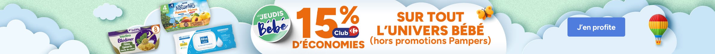 Les Jeudis Bébé : 15% d'économies Club Carrefour sur tout l'univers bébé.