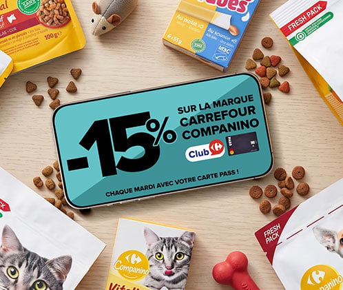 15% sur la marque Carrefour Companino chaque mardi avec votre carte Pass ou club
