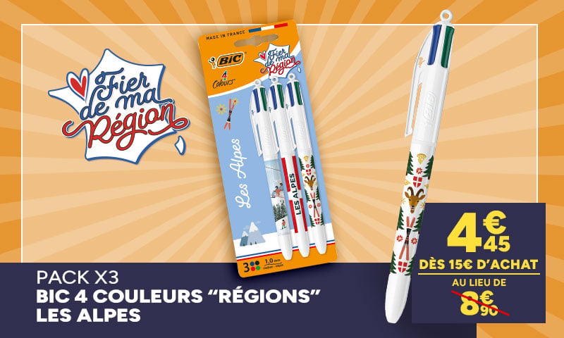 Fier de ma région : Pack x3 BIC 4 Couleurs Les Alpes à 4,45€ dès 15€ d'achat