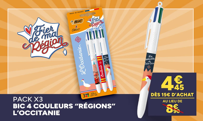 Fier de ma région : Pack x3 BIC 4 Couleurs L'Occitanie à 4,45€ dès 15€ d'achat