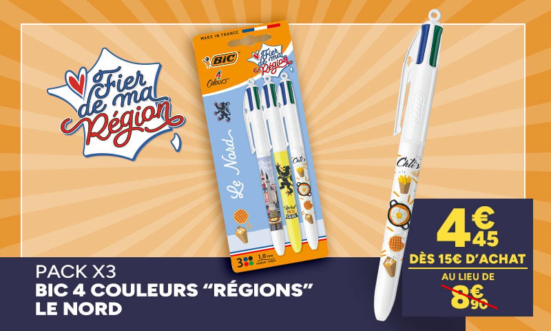 Fier de ma région : Pack x3 BIC 4 Couleurs Le Nord à 4,45€ dès 15€ d'achat