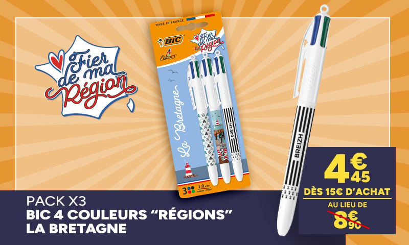 Fier de ma région : Pack x3 BIC 4 Couleurs La Bretagne à 4,45€ dès 15€ d'achat