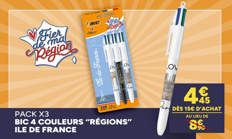Fier de ma région : Pack x3 BIC 4 Couleurs Ile de France à 4,45€ dès 15€ d'achat