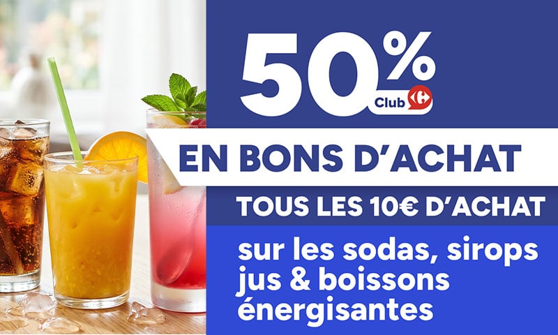 50% Club en bons d'achat tous les 10€ sur sodas, sirops, jus & énergisantes.
