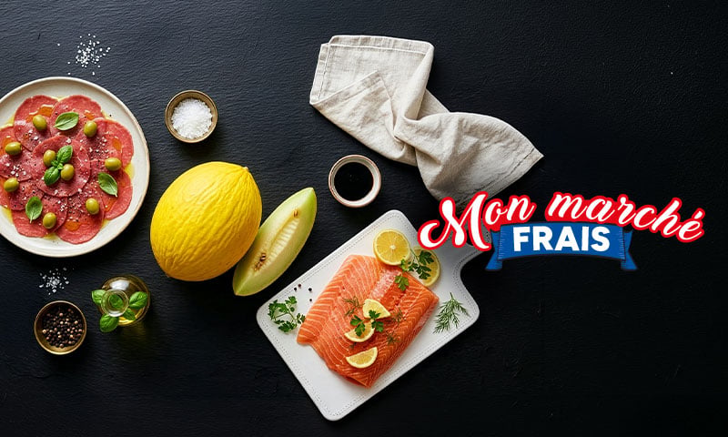 Mon marché frais : carpaccio de bœuf, melon jaune et pavé de saumon frais.