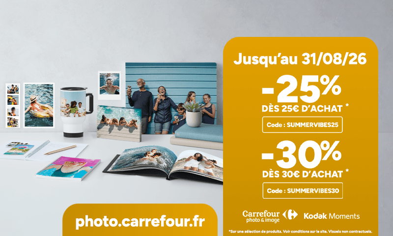 Jusqu'au 31/08/26 : jusqu'à -30% sur photo.carrefour.fr avec Kodak Moments