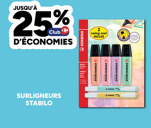 Jusqu'à 25% d'économies Club Carrefour sur les surligneurs Stabilo.