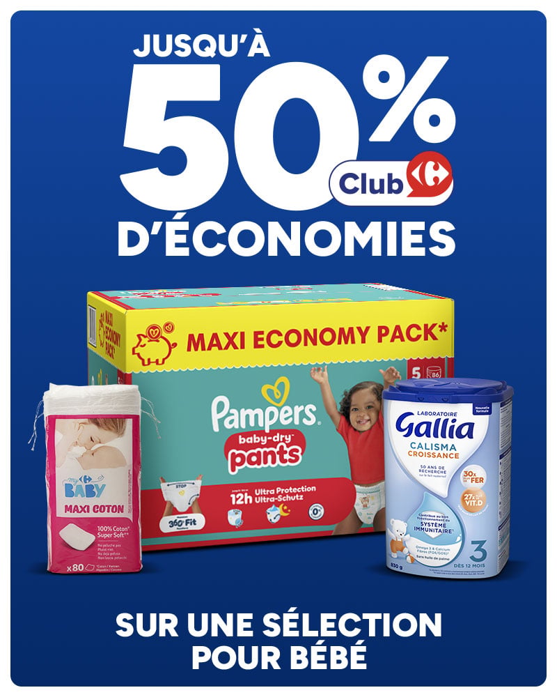 Jusqu'à 50% d'économies Club Carrefour sur une sélection pour bébé.