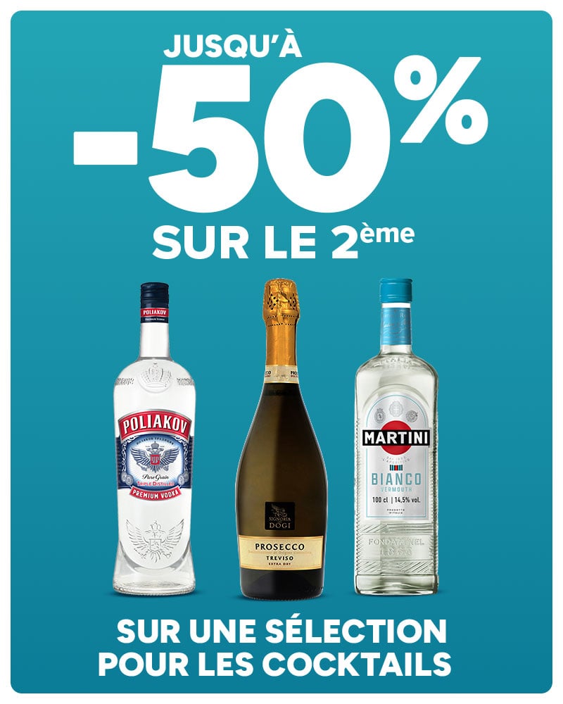 Jusqu'à -50% sur le 2ème sur une sélection pour les cocktails.