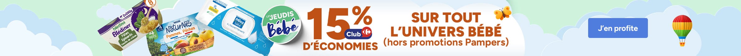 Les Jeudis Bébé : 15% d'économies Club Carrefour sur tout l'univers bébé.