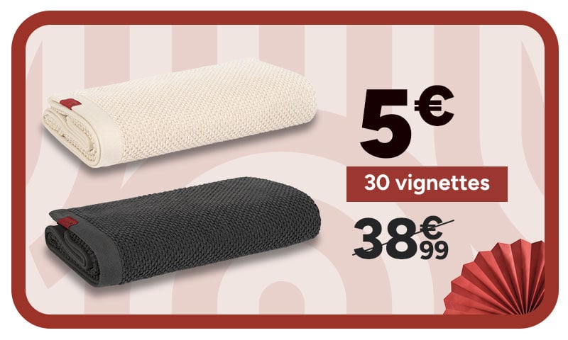 Offre draps de douche : 5€ + 30 vignettes au lieu de 38,99€.