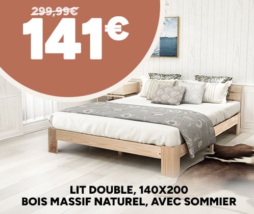 Lit double 140x200 bois massif avec sommier à 141€ au lieu de 299,99€