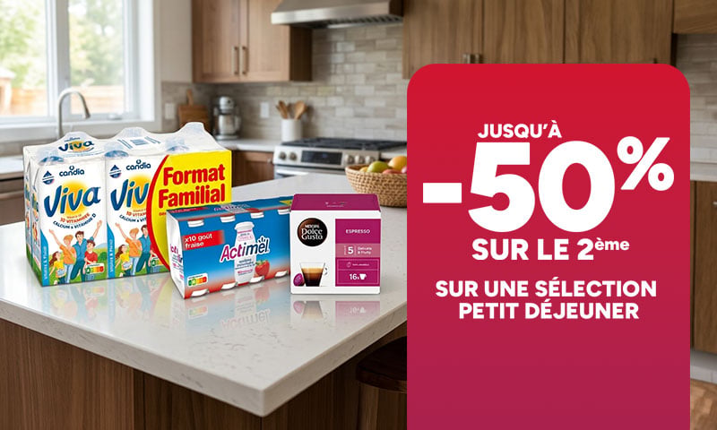 Jusqu'à -50% sur le 2ème sur une sélection petit déjeuner