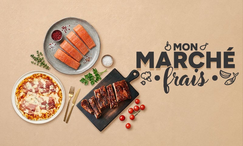 Mon Marché frais : saumon, travers de porc, pizza et tomates cerises.