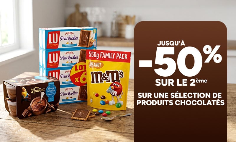 Jusqu'à -50% sur le 2ème sur une sélection de produits chocolatés