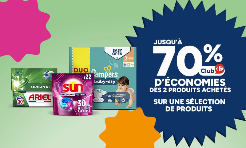 Jusqu'à -70% Club Carrefour dès 2 produits achetés Ariel Sun Pampers
