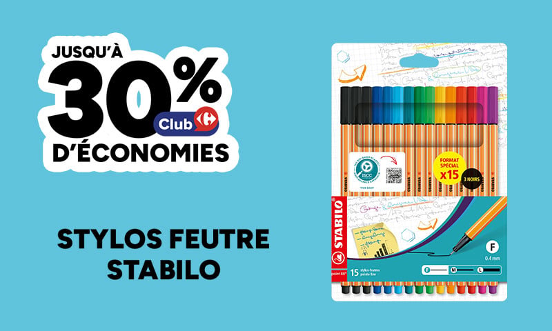 Jusqu'à 30% d'économies Club Carrefour sur les stylos feutre Stabilo