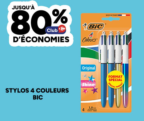 Jusqu'à 80% d'économies Club Carrefour sur les stylos 4 couleurs BIC
