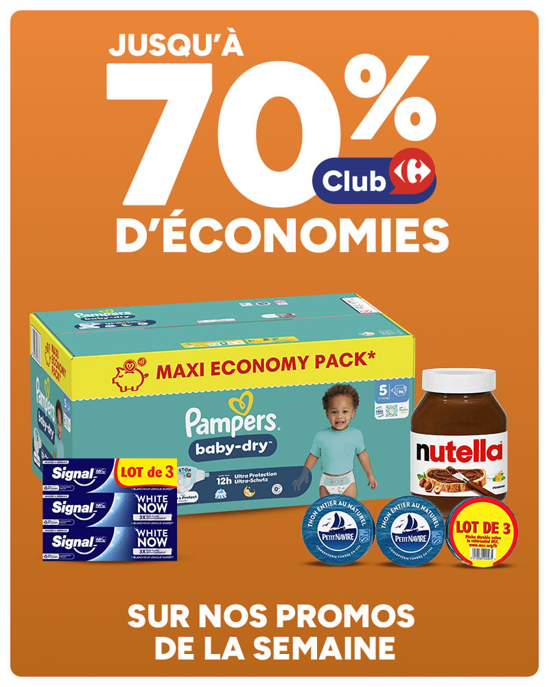 Jusqu'à 70% Club Carrefour d'économies sur nos promos de la semaine.
