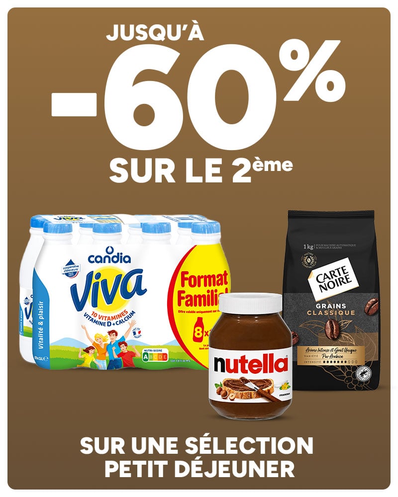 Jusqu'à -60% sur le 2ème sur une sélection petit déjeuner.