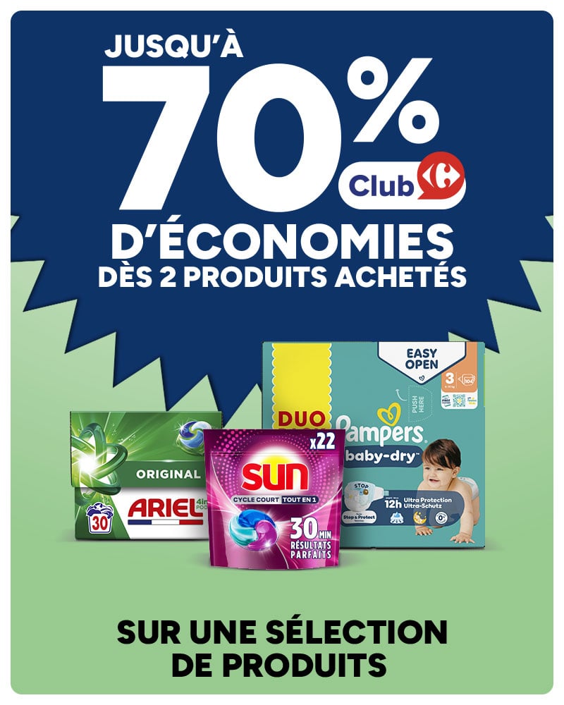 Jusqu'à 70% Club d'économies dès 2 produits achetés Ariel, Sun, Pampers
